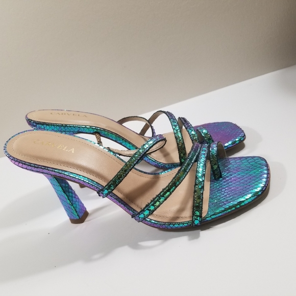 Carvela Metallic Turquoise Snakeskin Leather Strap Stiletto Open Toe Sandal 9.5 - Picture 4 of 8